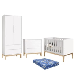 Dormitório Infantil Classic 2 Portas, Cômoda 3 Gavetas, Berço Branco Fosco com Pés Madeira Natural e Colchão - Reller Móveis  Dormitório Infantil Classic 2 Portas, Cômoda 3 Gavetas, Berço Branco Fosco com Pés Madeira Natural e Colchão - Reller Móveis