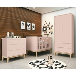 Dormitório Infantil Classic 2 Portas, Cômoda 3 Gavetas, Berço Rosa Fosco com Pés Madeira Natural e Colchão - Reller Móveis 