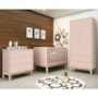 Dormitório Infantil Classic 2 Portas, Cômoda 3 Gavetas, Berço Rosa Fosco com Pés Madeira Natural e Colchão - Reller Móveis