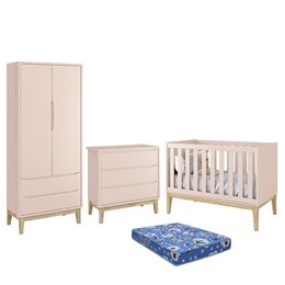 Dormitório Infantil Classic 2 Portas, Cômoda 3 Gavetas, Berço Rosa Fosco com Pés Madeira Natural e Colchão - Reller Móveis 
