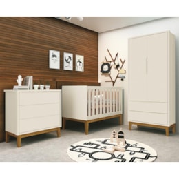 Dormitório Infantil Classic 2 Portas, Cômoda 3 Gavetas e Berço Areia Fosco com Pés Amadeirado - Reller Móveis Dormitório Infantil Classic 2 Portas, Cômoda 3 Gavetas e Berço Areia Fosco com Pés Amadeirado - Reller Móveis