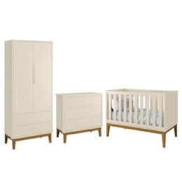 Dormitório Infantil Classic 2 Portas, Cômoda 3 Gavetas e Berço Areia Fosco com Pés Amadeirado - Reller Móveis Dormitório Infantil Classic 2 Portas, Cômoda 3 Gavetas e Berço Areia Fosco com Pés Amadeirado - Reller Móveis