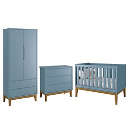 Dormitório Infantil Classic 2 Portas, Cômoda 3 Gavetas e Berço Azul Fosco com Pés Amadeirado - Reller Móveis
