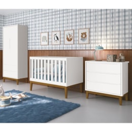 Dormitório Infantil Classic 2 Portas, Cômoda 3 Gavetas e Berço Branco Fosco com Pés Amadeirado - Reller Móveis Dormitório Infantil Classic 2 Portas, Cômoda 3 Gavetas e Berço Branco Fosco com Pés Amadeirado - Reller Móveis