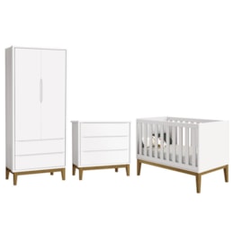 Dormitório Infantil Classic 2 Portas, Cômoda 3 Gavetas e Berço Branco Fosco com Pés Amadeirado - Reller Móveis Dormitório Infantil Classic 2 Portas, Cômoda 3 Gavetas e Berço Branco Fosco com Pés Amadeirado - Reller Móveis