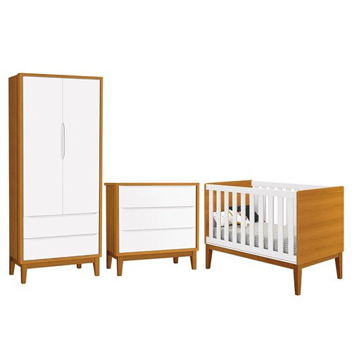 Dormitório Infantil Classic 2 Portas, Cômoda 3 Gavetas e Berço Branco/Savana com Pés Amadeirado - Reller Móveis