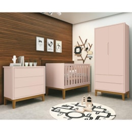 Dormitório Infantil Classic 2 Portas, Cômoda 3 Gavetas e Berço Rosa Fosco com Pés Amadeirado - Reller Móveis Dormitório Infantil Classic 2 Portas, Cômoda 3 Gavetas e Berço Rosa Fosco com Pés Amadeirado - Reller Móveis