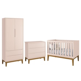 Dormitório Infantil Classic 2 Portas, Cômoda 3 Gavetas e Berço Rosa Fosco com Pés Amadeirado - Reller Móveis Dormitório Infantil Classic 2 Portas, Cômoda 3 Gavetas e Berço Rosa Fosco com Pés Amadeirado - Reller Móveis