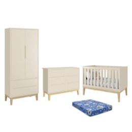 Dormitório Infantil Classic 2 Portas, Cômoda 6 Gavetas, Berço Areia Fosco com Pés Madeira Natural e Colchão - Reller Móveis  Dormitório Infantil Classic 2 Portas, Cômoda 6 Gavetas, Berço Areia Fosco com Pés Madeira Natural e Colchão - Reller Móveis