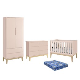 Dormitório Infantil Classic 2 Portas, Cômoda 6 Gavetas, Berço Rosa Fosco com Pés Madeira Natural e Colchão - Reller Móveis 