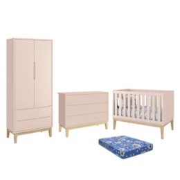Dormitório Infantil Classic 2 Portas, Cômoda 6 Gavetas, Berço Rosa Fosco com Pés Madeira Natural e Colchão - Reller Móveis  Dormitório Infantil Classic 2 Portas, Cômoda 6 Gavetas, Berço Rosa Fosco com Pés Madeira Natural e Colchão - Reller Móveis
