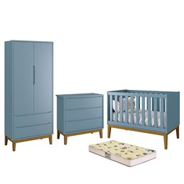 Dormitório Infantil Classic 2 Portas, Cômoda, Berço Azul Fosco com Pés Amadeirado e Colchão D18 - Reller Móveis
