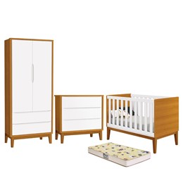 Dormitório Infantil Classic 2 Portas, Cômoda, Berço Branco/Savana com Pés Amadeirado e Colchão D18 - Reller Móveis