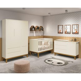 Dormitório Infantil Classic 3 Portas, Cômoda 1 Porta, Berço Areia Fosco com Pés Amadeirado e Colchão - Reller Móveis