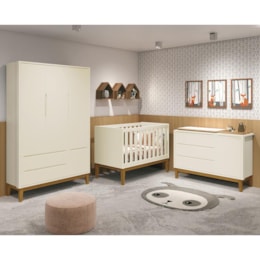 Dormitório Infantil Classic 3 Portas, Cômoda 1 Porta, Berço Areia Fosco com Pés Amadeirado e Colchão D18 - Reller Móveis Dormitório Infantil Classic 3 Portas, Cômoda 1 Porta, Berço Areia Fosco com Pés Amadeirado e Colchão D18 - Reller Móveis