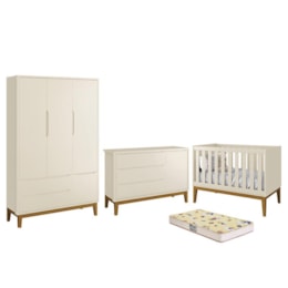 Dormitório Infantil Classic 3 Portas, Cômoda 1 Porta, Berço Areia Fosco com Pés Amadeirado e Colchão D18 - Reller Móveis Dormitório Infantil Classic 3 Portas, Cômoda 1 Porta, Berço Areia Fosco com Pés Amadeirado e Colchão D18 - Reller Móveis