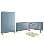 Dormitório Infantil Classic 3 Portas, Cômoda 1 Porta, Berço Azul Fosco com Pés Amadeirado e Colchão D18 - Reller Móveis