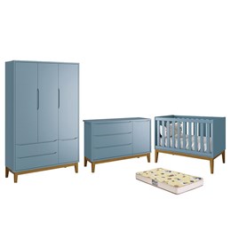 Dormitório Infantil Classic 3 Portas, Cômoda 1 Porta, Berço Azul Fosco com Pés Amadeirado e Colchão D18 - Reller Móveis