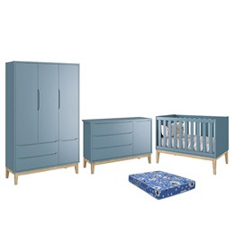 Dormitório Infantil Classic 3 Portas, Cômoda 1 Porta, Berço Azul Fosco com Pés Madeira Natural e Colchão - Reller Móveis 