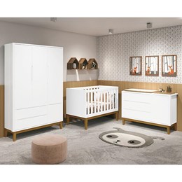 Dormitório Infantil Classic 3 Portas, Cômoda 1 Porta, Berço Branco Fosco com Pés Amadeirado e Colchão - Reller Móveis