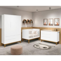 Dormitório Infantil Classic 3 Portas, Cômoda 1 Porta, Berço Branco Fosco com Pés Amadeirado e Colchão - Reller Móveis Dormitório Infantil Classic 3 Portas, Cômoda 1 Porta, Berço Branco Fosco com Pés Amadeirado e Colchão - Reller Móveis