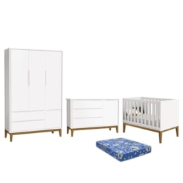 Dormitório Infantil Classic 3 Portas, Cômoda 1 Porta, Berço Branco Fosco com Pés Amadeirado e Colchão - Reller Móveis Dormitório Infantil Classic 3 Portas, Cômoda 1 Porta, Berço Branco Fosco com Pés Amadeirado e Colchão - Reller Móveis