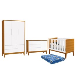 Dormitório Infantil Classic 3 Portas, Cômoda 1 Porta, Berço Branco/Savana com Pés Amadeirado e Colchão - Reller Móveis