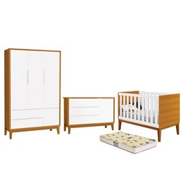 Dormitório Infantil Classic 3 Portas, Cômoda 1 Porta, Berço Branco/Savana com Pés Amadeirado e Colchão D18 - Reller Móveis