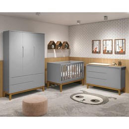 Dormitório Infantil Classic 3 Portas, Cômoda 1 Porta, Berço Cinza Fosco com Pés Amadeirado e Colchão D18 - Reller Móveis