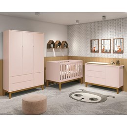 Dormitório Infantil Classic 3 Portas, Cômoda 1 Porta, Berço Rosa Fosco com Pés Amadeirado e Colchão - Reller Móveis