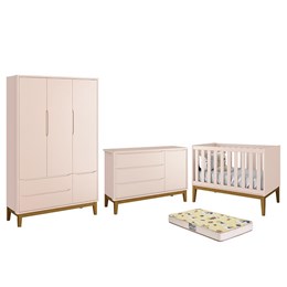 Dormitório Infantil Classic 3 Portas, Cômoda 1 Porta, Berço Rosa Fosco com Pés Amadeirado e Colchão D18 - Reller Móveis