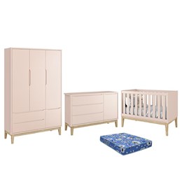 Dormitório Infantil Classic 3 Portas, Cômoda 1 Porta, Berço Rosa Fosco com Pés Madeira Natural e Colchão - Reller Móveis 
