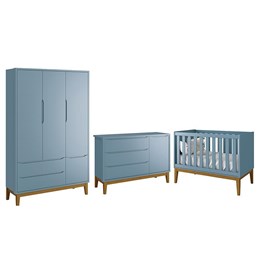 Dormitório Infantil Classic 3 Portas, Cômoda 1 Porta e Berço Azul Fosco com Pés Amadeirado - Reller Móveis