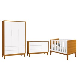 Dormitório Infantil Classic 3 Portas, Cômoda 1 Porta e Berço Branco/Savana com Pés Amadeirado - Reller Móveis