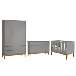 Dormitório Infantil Classic 3 Portas, Cômoda 1 Porta e Berço Cinza Fosco com Pés Amadeirado - Reller Móveis Dormitório Infantil Classic 3 Portas, Cômoda 1 Porta e Berço Cinza Fosco com Pés Amadeirado - Reller Móveis
