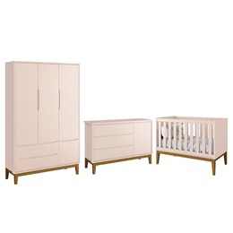 Dormitório Infantil Classic 3 Portas, Cômoda 1 Porta e Berço Rosa Fosco com Pés Amadeirado - Reller Móveis