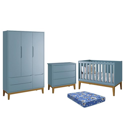 Dormitório Infantil Classic 3 Portas, Cômoda 3 Gavetas, Berço Azul Fosco com Pés Amadeirado e Colchão - Reller Móveis