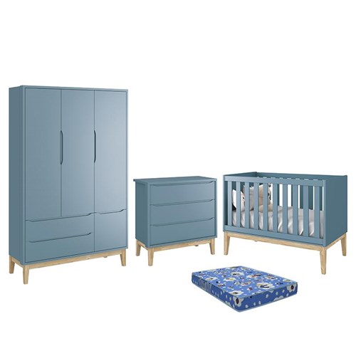 Dormitório Infantil Classic 3 Portas, Cômoda 3 Gavetas, Berço Azul Fosco com Pés Madeira Natural e Colchão - Reller Móveis 