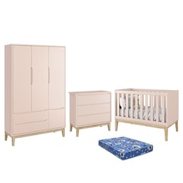 Dormitório Infantil Classic 3 Portas, Cômoda 3 Gavetas, Berço Rosa Fosco com Pés Madeira Natural e Colchão - Reller Móveis 