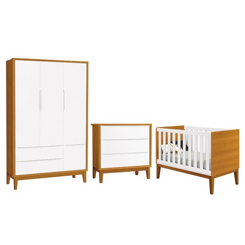 Dormitório Infantil Classic 3 Portas, Cômoda 3 Gavetas e Berço Branco/Savana com Pés Amadeirado - Reller Móveis