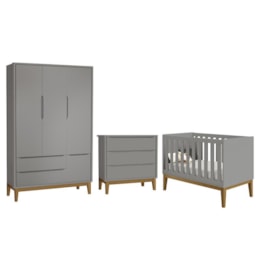 Dormitório Infantil Classic 3 Portas, Cômoda 3 Gavetas e Berço Cinza Fosco com Pés Amadeirado - Reller Móveis Dormitório Infantil Classic 3 Portas, Cômoda 3 Gavetas e Berço Cinza Fosco com Pés Amadeirado - Reller Móveis