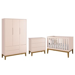 Dormitório Infantil Classic 3 Portas, Cômoda 3 Gavetas e Berço Rosa Fosco com Pés Amadeirado - Reller Móveis