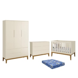 Dormitório Infantil Classic 3 Portas, Cômoda 6 Gavetas, Berço Areia Fosco com Pés Amadeirado e Colchão - Reller Móveis Dormitório Infantil Classic 3 Portas, Cômoda 6 Gavetas, Berço Areia Fosco com Pés Amadeirado e Colchão - Reller Móveis