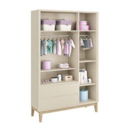 Dormitório Infantil Classic 3 Portas, Cômoda 6 Gavetas, Berço Areia Fosco com Pés Madeira Natural e Colchão - Reller Móveis Dormitório Infantil Classic 3 Portas, Cômoda 6 Gavetas, Berço Areia Fosco com Pés Madeira Natural e Colchão - Reller Móveis