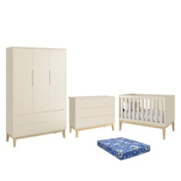 Dormitório Infantil Classic 3 Portas, Cômoda 6 Gavetas, Berço Areia Fosco com Pés Madeira Natural e Colchão - Reller Móveis Dormitório Infantil Classic 3 Portas, Cômoda 6 Gavetas, Berço Areia Fosco com Pés Madeira Natural e Colchão - Reller Móveis