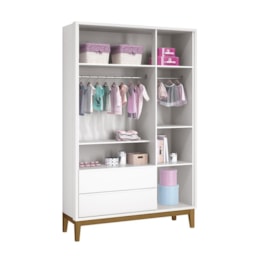 Dormitório Infantil Classic 3 Portas, Cômoda 6 Gavetas, Berço Branco Fosco com Pés Amadeirado e Colchão - Reller Móveis Dormitório Infantil Classic 3 Portas, Cômoda 6 Gavetas, Berço Branco Fosco com Pés Amadeirado e Colchão - Reller Móveis