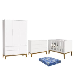 Dormitório Infantil Classic 3 Portas, Cômoda 6 Gavetas, Berço Branco Fosco com Pés Amadeirado e Colchão - Reller Móveis Dormitório Infantil Classic 3 Portas, Cômoda 6 Gavetas, Berço Branco Fosco com Pés Amadeirado e Colchão - Reller Móveis