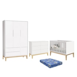 Dormitório Infantil Classic 3 Portas, Cômoda 6 Gavetas, Berço Branco Fosco com Pés Madeira Natural e Colchão - Reller Móveis Dormitório Infantil Classic 3 Portas, Cômoda 6 Gavetas, Berço Branco Fosco com Pés Madeira Natural e Colchão - Reller Móveis