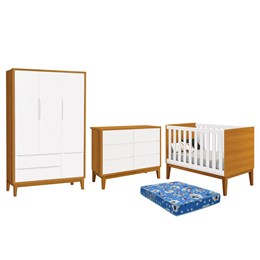 Dormitório Infantil Classic 3 Portas, Cômoda 6 Gavetas, Berço Branco/Savana com Pés Amadeirado e Colchão - Reller Móveis