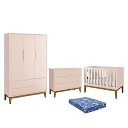 Dormitório Infantil Classic 3 Portas, Cômoda 6 Gavetas, Berço Rosa Fosco com Pés Amadeirado e Colchão - Reller Móveis